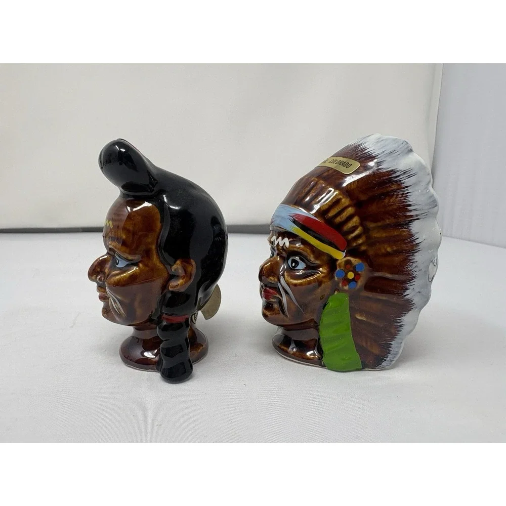 Vintage Walls Ceramic Japan Hand Painted Native American Colorful Salt & Pepper